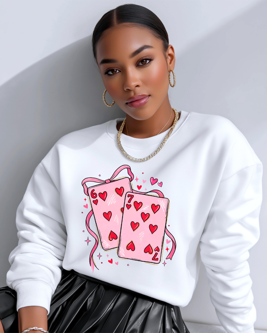Lucky in Love Playing Cards Crewneck (6 + 7 of hearts)